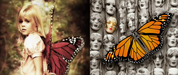 niña víctima de control mental monarca con alas de mariposa en su espalda